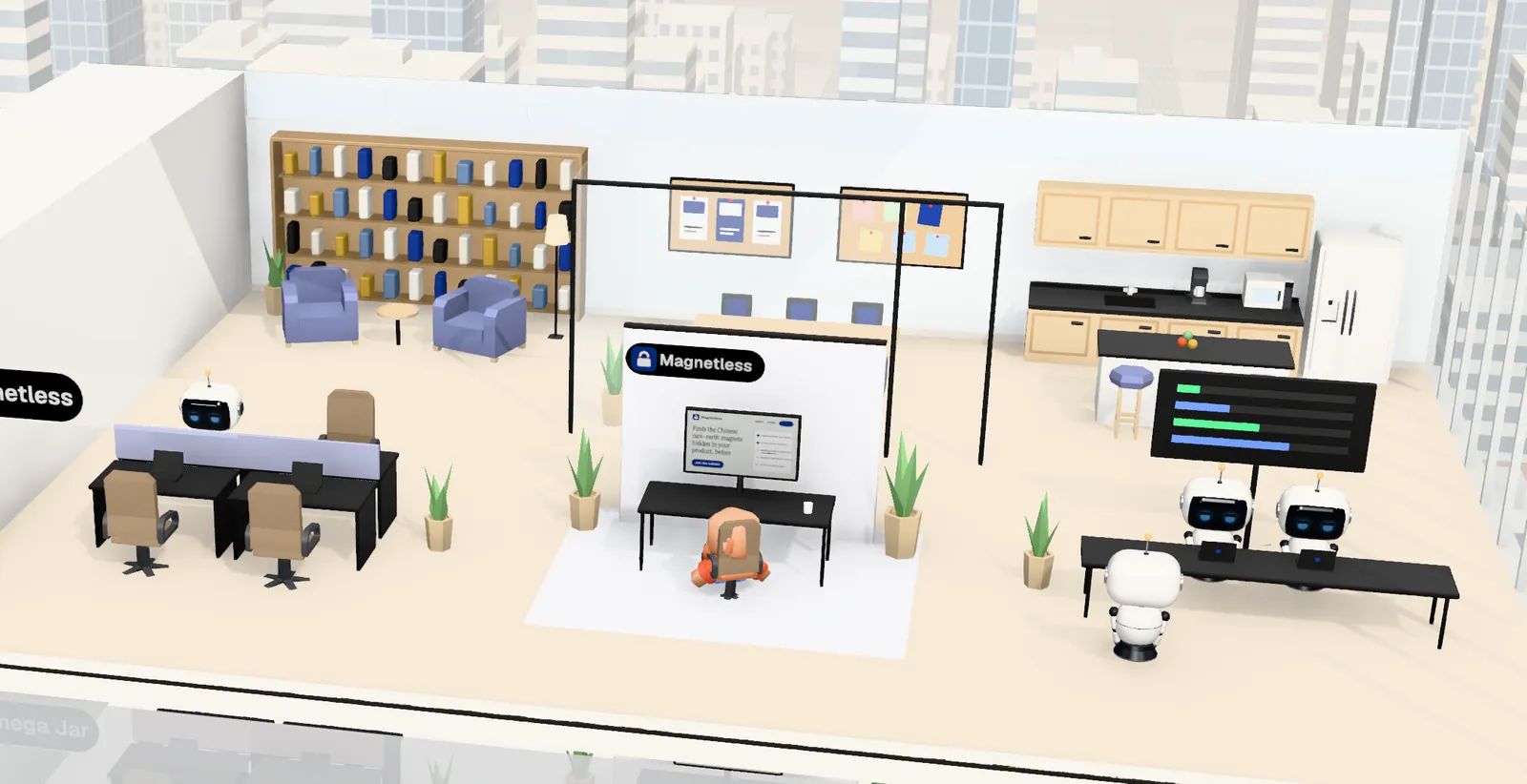 Magnetless’ office on floor 27 of Tower 1: the owner’s desk with the website on screen, the agents’ bench, a meeting room and a library